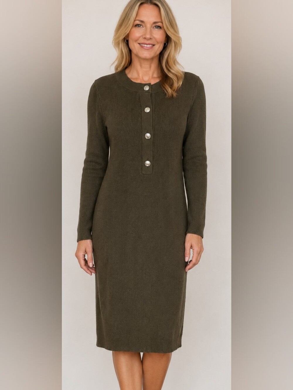 Talbots Sweater Dress Olive Green Rib Knit Midi Long Sleeve Preppy Modest